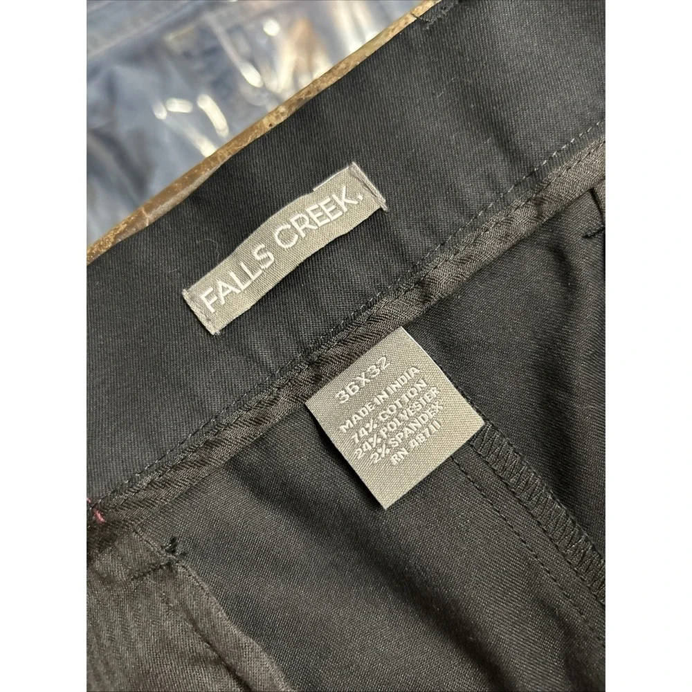 Falls Creek No Iron Khaki Pants 36x32 Mens Black Flat Front Classic Stretch